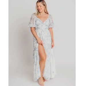 Shop Worth Collective Daphne Eyelet Detail Maxi Dress in Blue and White Floral